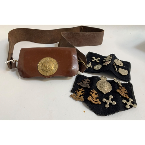 276 - SELECTION OF BOYS BRIGADE ITEMS
including a leather cross strap and pouch, four vintage brass badges... 