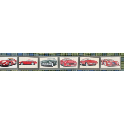 332 - J.M.CUNNINGHAM
nine Ferrari car prints, eight with mounts, 30cm x 53cm