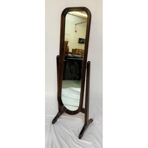 381 - STAINED PINE CHEVAL MIRROR
with an arched mirror on splayed supports, 143.5cm high