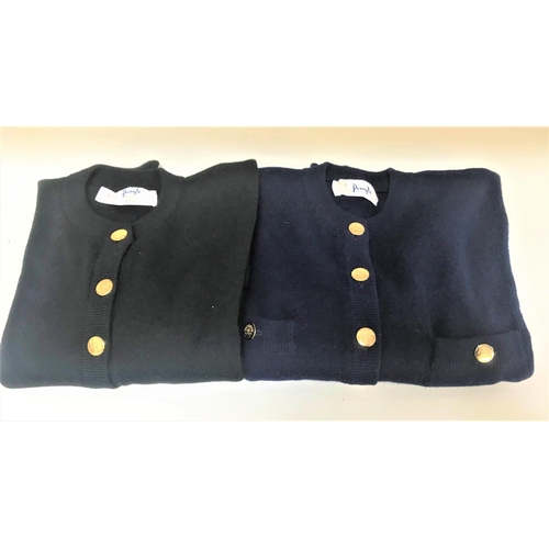 247 - TWO PRINGLE OF SCOTLAND CREW NECK LAMSWOOL CARDIGANS
one in black, size 42ins/107cm, the other in na... 