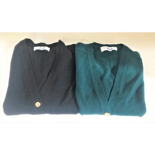 250 - TWO PRINGLE OF SCOTLAND V NECK LAMSWOOL CARDIGANS
one in black and the other in green, both size 38i... 