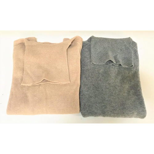 261 - TWO CASHMERE ROLL NECK JUMPERS
one in grey and the other fawn, no lapels but with Pringle protective... 