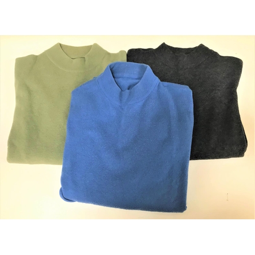 262 - THREE LAMSWOOL HIGH NECK JUMPERS
in blue, grey and green, no labels but with Pringle protective bags... 