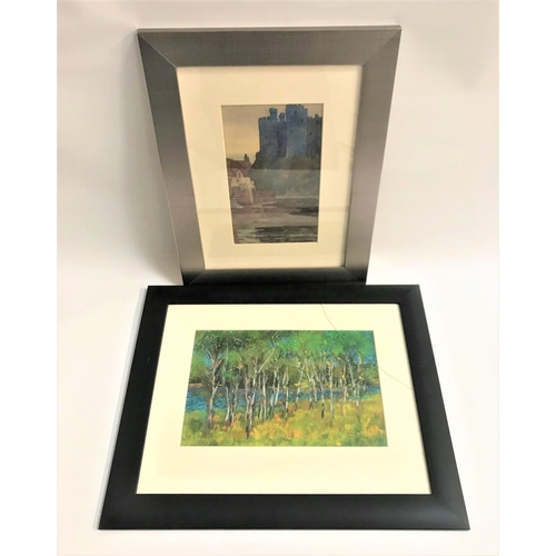 358 - WATERCOLOUR CASTLE SCENE
indistinctly signed, 21.3cm x 13cm; together with a pastel forrest scene, w... 