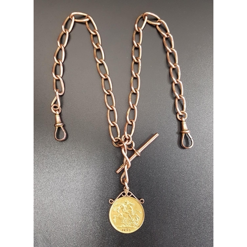 14 - NINE CARAT ROSE GOLD DOUBLE ALBERT CHAIN
with Victoria 1895 Sovereign set fob, the sovereign on rose... 