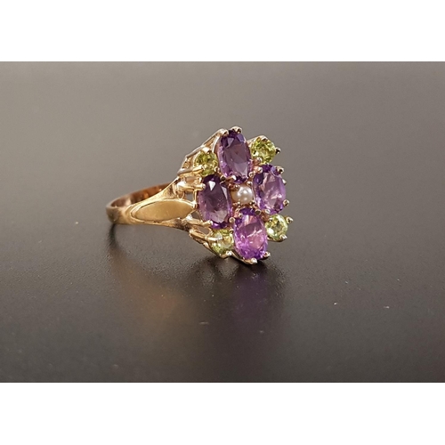 80 - UNUSUAL 'SUFFRAGETTE' RING
the oval cut amethysts and round cut peridots around a central seed pearl... 