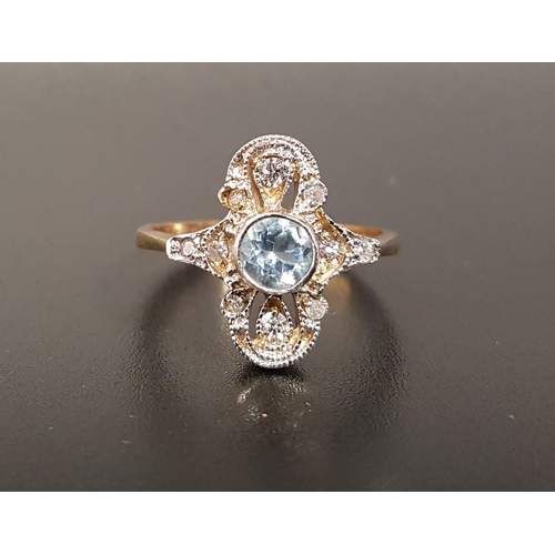 97 - ART DECO STYLE AQUAMARINE AND DIAMOND PLAQUE RING
the central round cut aquamarine approximately 0.4... 