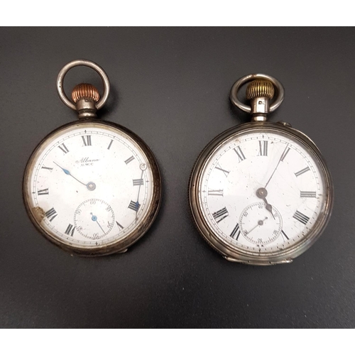 111 - TWO SILVER CASED POCKET WATCHES
both with top winders, white enamel dials, Roman numerals and subsid... 