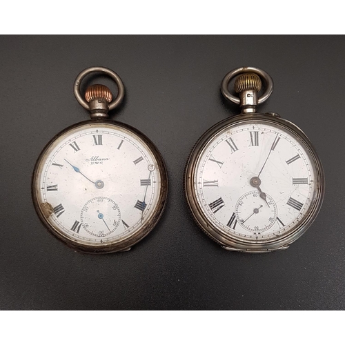 111 - TWO SILVER CASED POCKET WATCHES
both with top winders, white enamel dials, Roman numerals and subsid... 