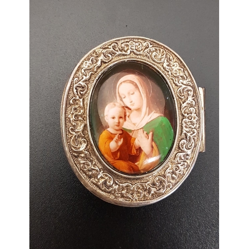 123 - SILVER PILL BOX
the oval box with central transfer printed panel depicting the Virgin Mary and child... 