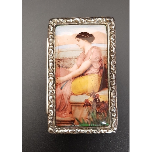 125 - SILVER PILL BOX
the rectancular box with hand painted porcelain panel depicting a seated woman in th... 