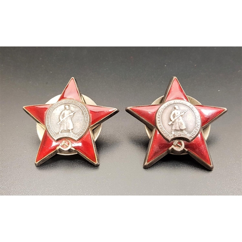 278 - TWO WWII SOVIET RUSSIAN CAP BADGES
the Soviet Order Of The Red Star, in white metal and red enamel, ... 