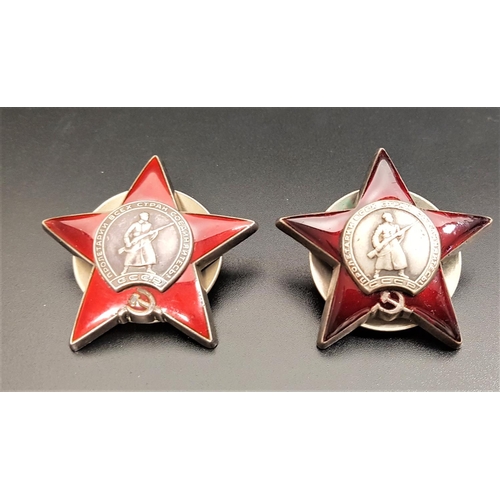 280 - TWO WWII SOVIET RUSSIAN CAP BADGES
the Soviet Order Of The Red Star, in white metal and red enamel, ... 