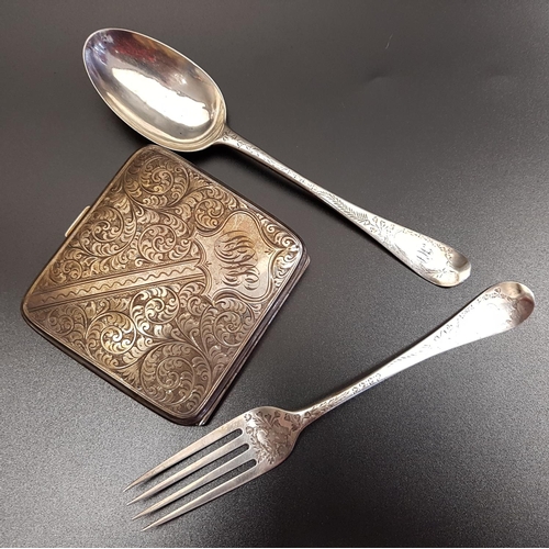 121 - VICTORIAN SILVER FORK AND SPOON
in the old English pattern, both profusely decorated, London 1881; t... 