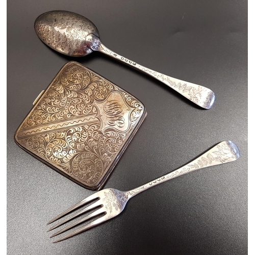 121 - VICTORIAN SILVER FORK AND SPOON
in the old English pattern, both profusely decorated, London 1881; t... 