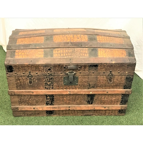 208 - VIKING DOME TOP TRAVEL TRUNK
with crocodile effect hammered tin covering and wood banding, 84cm wide