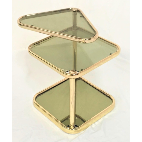 480 - 1970'S OCCASIONAL TABLE
with a moveable triangular smoked glass shelf above a square smoked glass sh... 