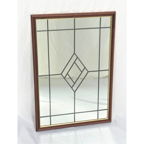 489 - RECTANGULAR MAHOGANY FRAME WALL MIRROR
with a plain plate with applied leaded decoration, 82cm high