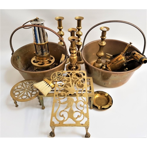 198 - MIXED LOT OF BRASS WARE
including preserve pans, candlesticks, trivets, table bells, crumb brush, as... 