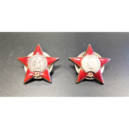 279 - TWO WWII SOVIET RUSSIAN CAP BADGES
the Soviet Order Of The Red Star, in white metal and red enamel, ... 