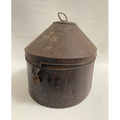 308 - A LATE 19TH CENTURY MILITARY JAPANNED HAT BOX WITH DOMED COVER
the lid with metal handle to top and ... 