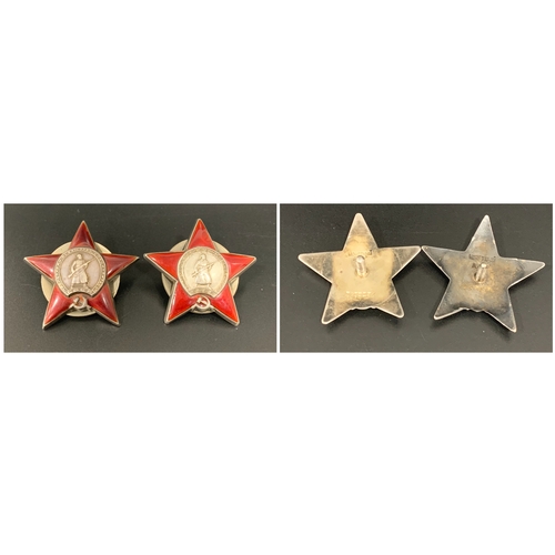 483 - TWO WWII SOVIET RUSSIAN CAP BADGES
of the Soviet Order Of The Red Star, in white metal and red ename... 