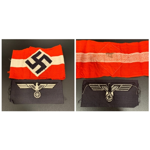 459 - WWII HITLER YOUTH ARMBAND
with swastika, 39cm long, together with a Nazi Waffen SS Officers eagle an... 