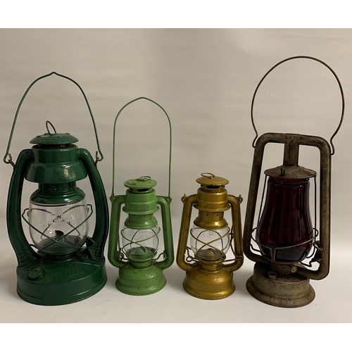 302 - FOUR RAILWAY LANTERNS
including a Pritchard-Strang Co. Rochester, New York, Prisco #0 with a red gla... 