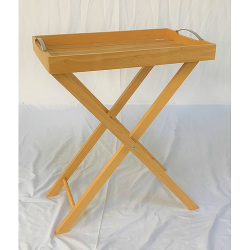 540 - SLATTED BEECH BUTLERS TRAY
with shaped chrome handles, on a folding X frame, 73.5cm high