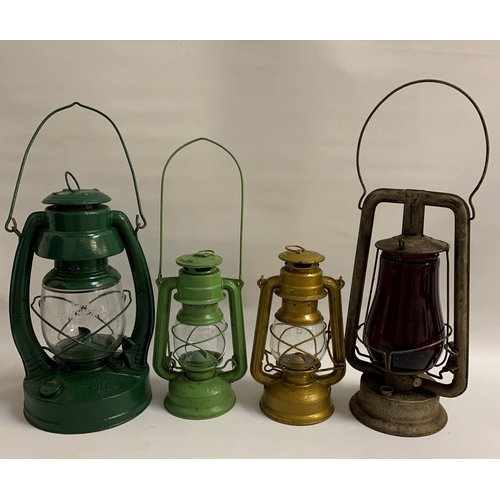 302 - FOUR RAILWAY LANTERNS
including a Pritchard-Strang Co. Rochester, New York, Prisco #0 with a red gla... 