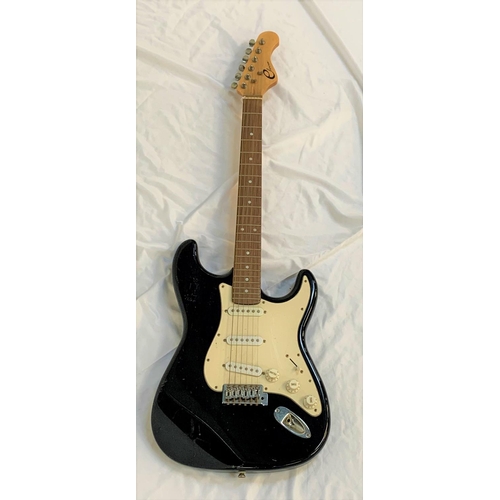 408 - ELECA STRATOCASTER STYLE ELECTRIC GUITAR
the black gloss body with white pickguard section, strap bu... 