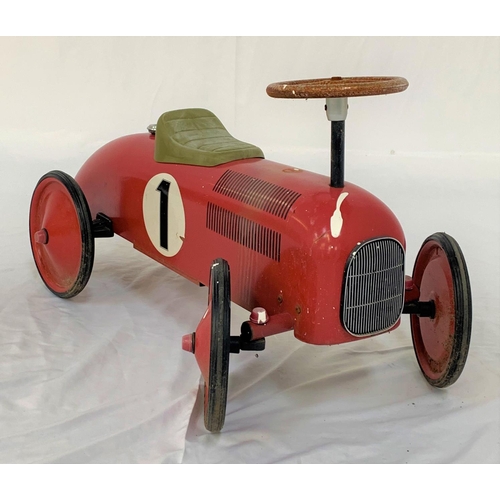 444 - VINTAGE STYLE RED CLASSIC RACER RIDE ON CAR
the metal racer ride on car with padded seat, metal stee... 