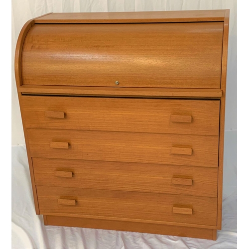 552 - TEAK CYLINDER BUREAU
with a fitted interior above four long drawers, standing on a plinth base, 90cm... 