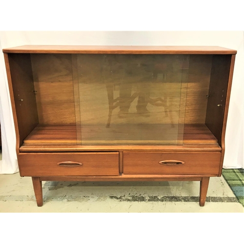 551 - TEAK SIDE CABINET
the pair of glass sliding doors with an adjustable shelf above two short drawers, ... 