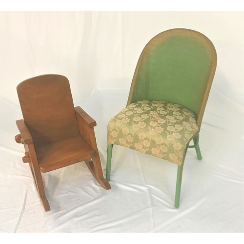 663 - CHILDS ELM ROCKING CHAIR
with a solid seat and curved rockers, together with a green Lloyd loom styl... 