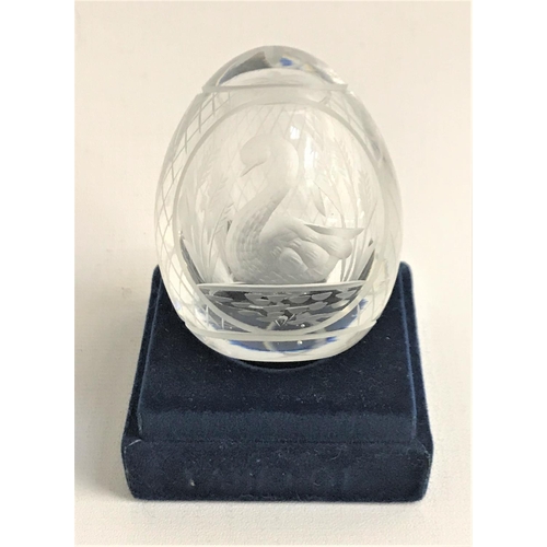 294 - FABERGE CRYSTAL GLASS EGG
with engraved swan decoration, etched 'Farerge' and '0782' to base, 6cm hi... 