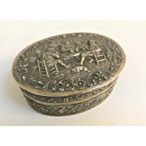 219 - DUTCH SILVER TRINKET BOX
the hinged oval box with profuse figure and scroll decoration overall, the ... 