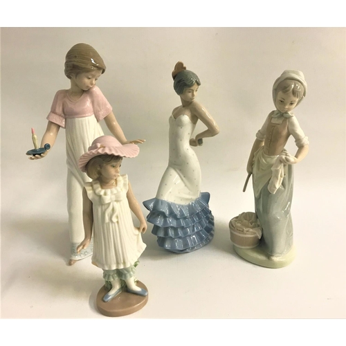 273 - FOUR NAO FIGURINES
comprising a girl with a chamber stick, 26cm high, Flamenco dancer, 24cm high, wa... 