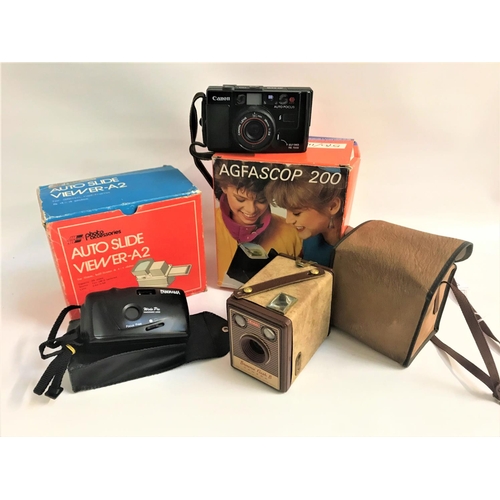 318 - SELECTION OF THREE CAMERAS
including a Kodak browning flash b, Canon AF35M, Panorama wide pie, Agfas... 