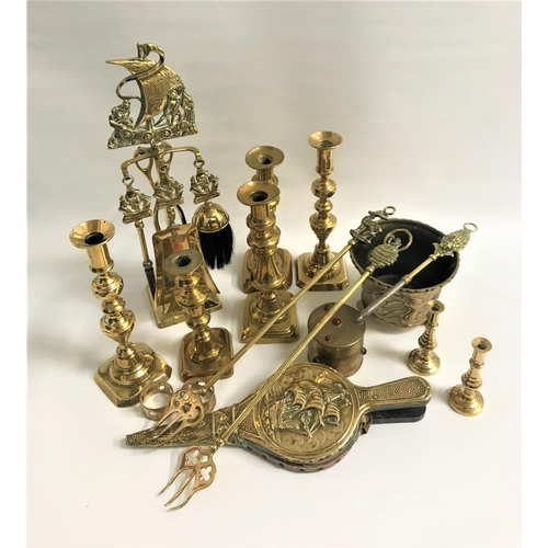 368 - MIXED LOT OF BRASS WARE
including knowledge candlesticks, companion set, pair of bellows, embossed b... 