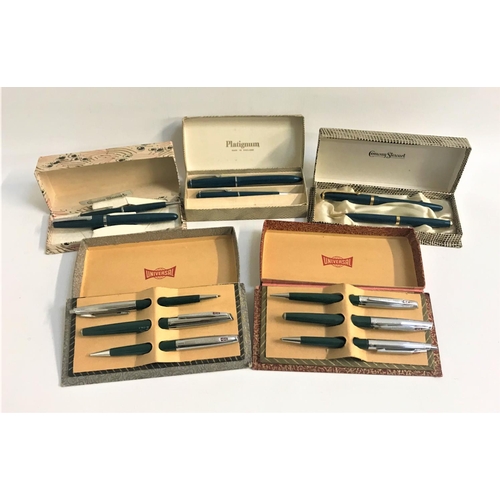 374 - SELECTION OF BOXED VINTAGE PENS
including two Universal Trio sets with green bodies and polished ste... 