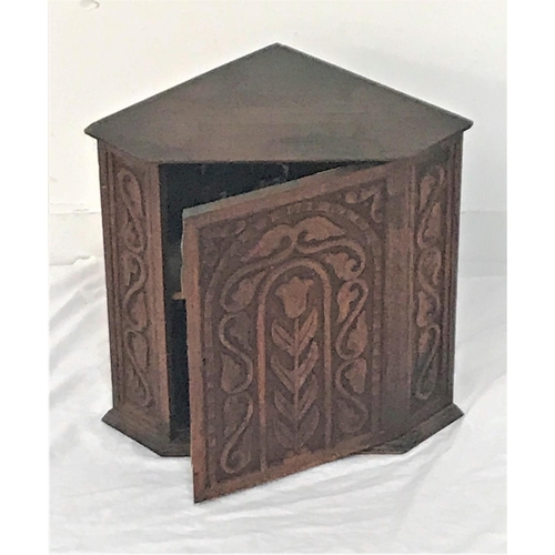 668 - CARVED PINE SMALL CORNER CUPBOARD 
with a carved door and angled side panels, the interior with a sh... 