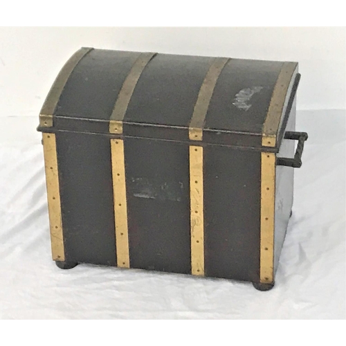 669 - MAHOGANY AND BRASS BOUND COAL BIN
with a domed lift up lid revealing a lift out metal liner, standin... 