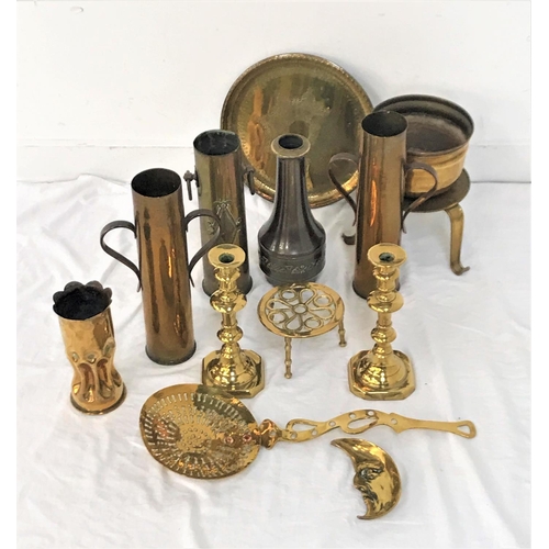 339 - SELECTION OF BRASSWARE
including candlesticks, skimming spoon, toasting fork, trench art vases, todd... 