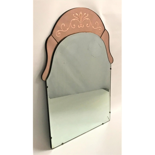 371 - 1950s ARCHED WALL MIRROR 
with an etched smoked mirrored upper section, 73cm high