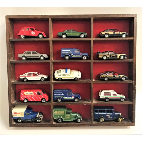 446 - SELECTION OF FIFTEEN SMALL DIE CAST VEHICLES
with examples from Corgi and Matchbox, in a wooden disp... 