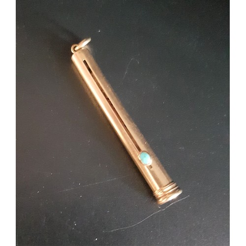 348 - SAMPSON MORDAN NINE CARAT GOLD PROPELLING PENCIL
with turquoise set slide button, hallmarks for 1912... 