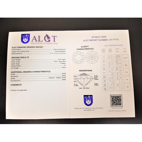 129 - CERTIFIED LOOSE BLUE DIAMOND
the ALGT certificate stating the diamond as a round brilliant cut weigh... 