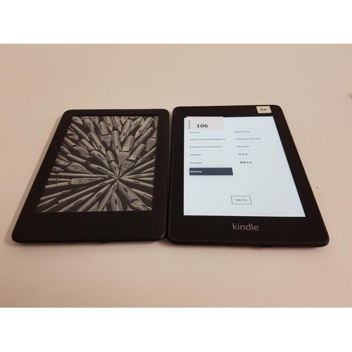 106 - TWO AMAZON KINDLES
models: J9G29R (serial number G090 UB05 0163 09M6) PQ94WIF (serial number G000 PP... 