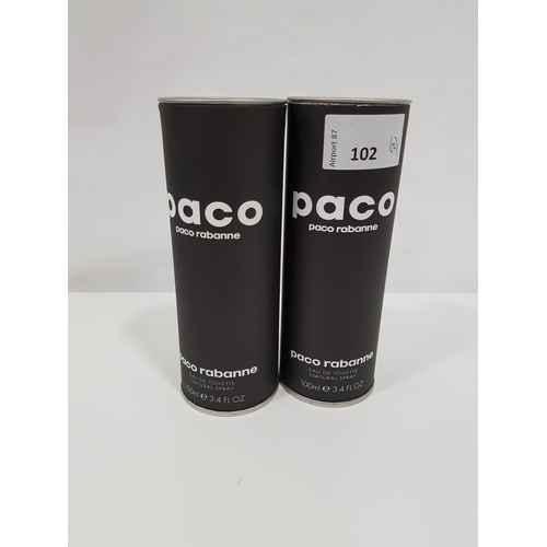 102 - TWO NEW AND UNUSED PACO BY PACO RABANNE EAU DE TOILETTE NAYURAL SPRAYS
(both 100ml)